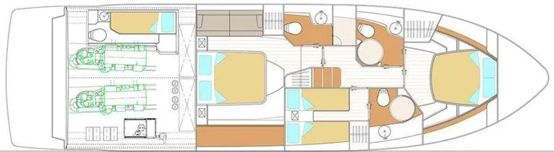 Slide: The Image of Floor plan of a 2019 Schaefer 510 yacht, featuring cabins and engine layout. - 35
