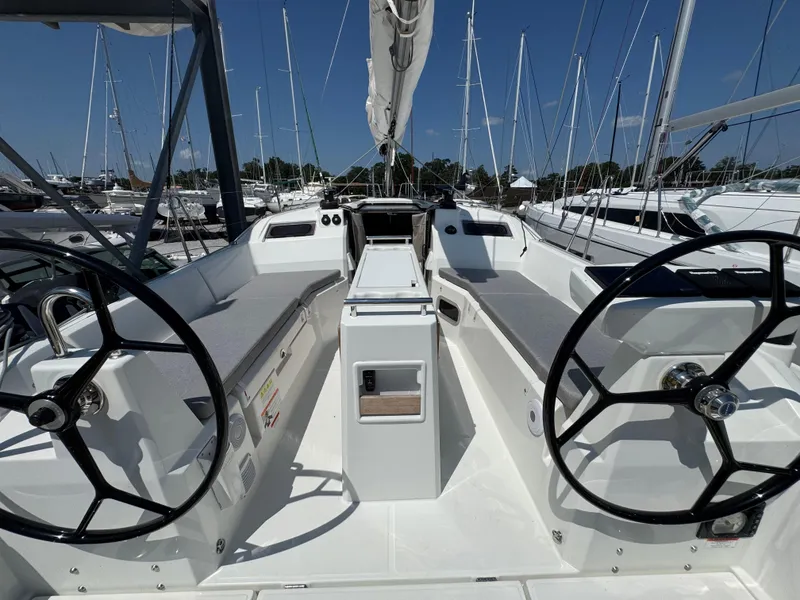 Slide: The Image of 2024 Beneteau Oceanis 34.1 yacht cockpit with dual steering wheels and seating. - 5