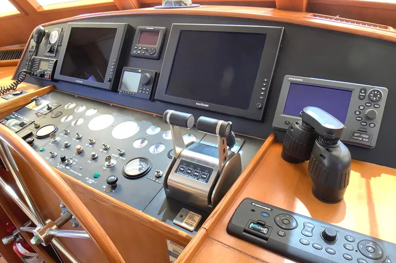 Slide: The Image of Pilothouse of 1998 Grand Alaskan 60, featuring navigation controls and electronic displays. - 24