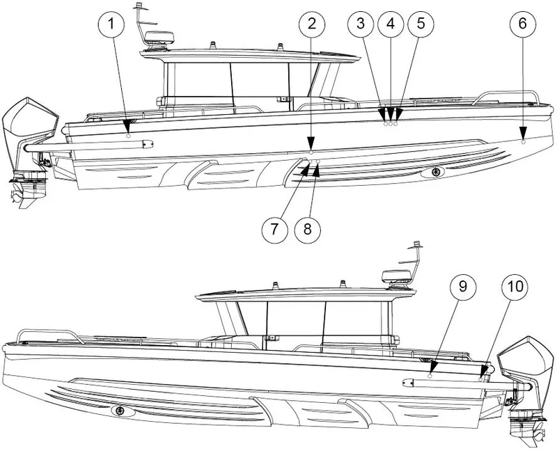 Slide: The Image of Line drawing of 2023 Axopar 28 CABIN boat, showcasing detailed side views and features. - 11