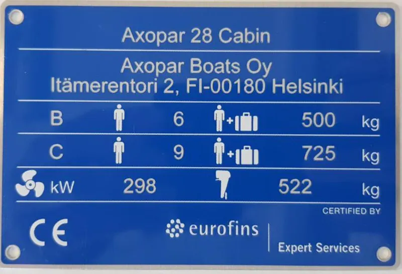 Slide: The Image of Plaque displaying specifications for 2023 Axopar 28 Cabin boat, certified by Eurofins. - 8