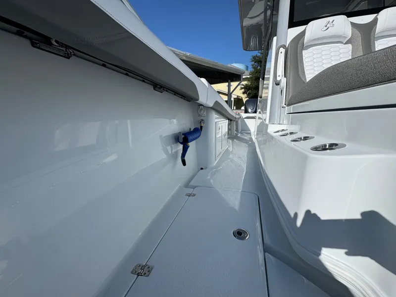 Slide: The Image of 2026 Yellowfin 36 Offshore boat interior with sleek design and modern seating. - 26