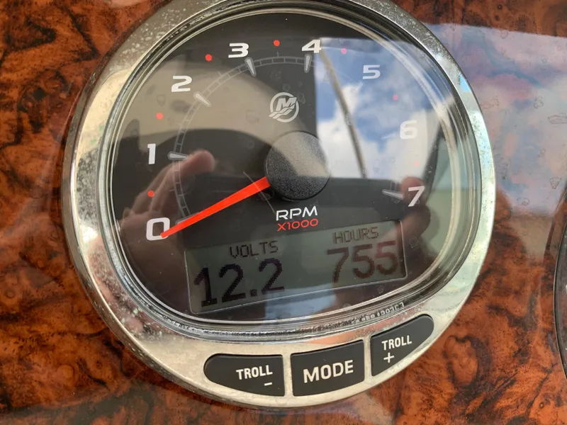 Slide: The Image of Close-up of a 2006 Sea Ray 280 Sundancer tachometer showing 755 hours and 12.2 volts. - 6