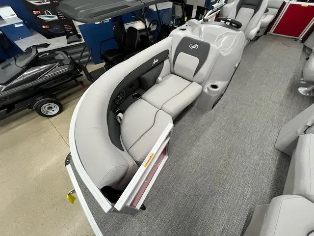 Slide: The Image of 2025 Barletta ARIA 20QC pontoon boat interior with gray seating and cup holders. - 24