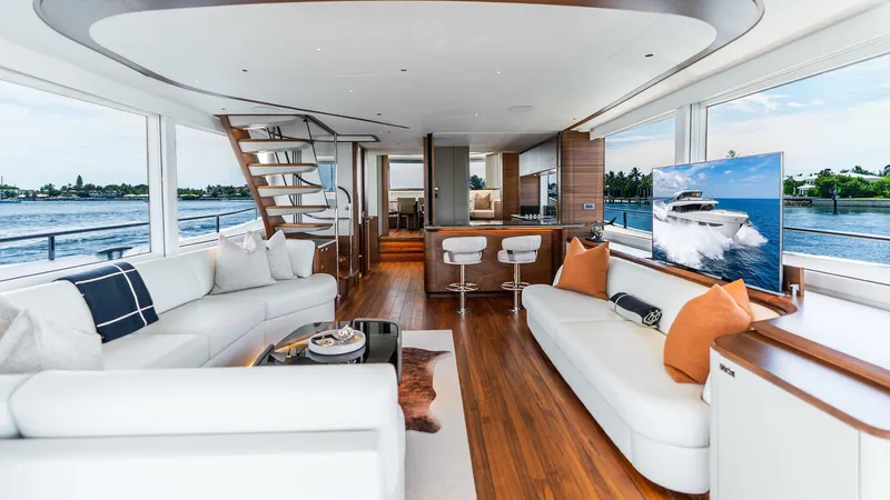Slide: The Image of Luxurious 2024 Princess X80 yacht interior with modern design, spacious seating, and scenic views. - 11