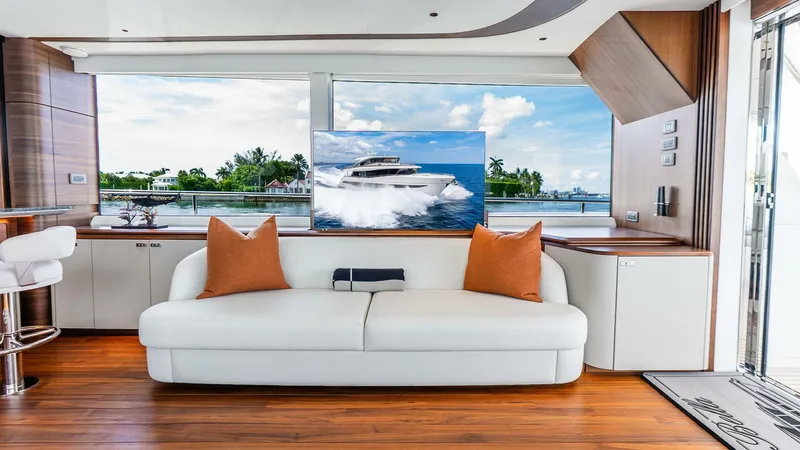 Slide: The Image of Luxurious interior of 2024 Princess X80 yacht with elegant seating and scenic views. - 12