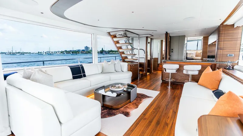 Slide: The Image of Luxurious interior of 2024 Princess X80 yacht with elegant seating and modern design. - 13