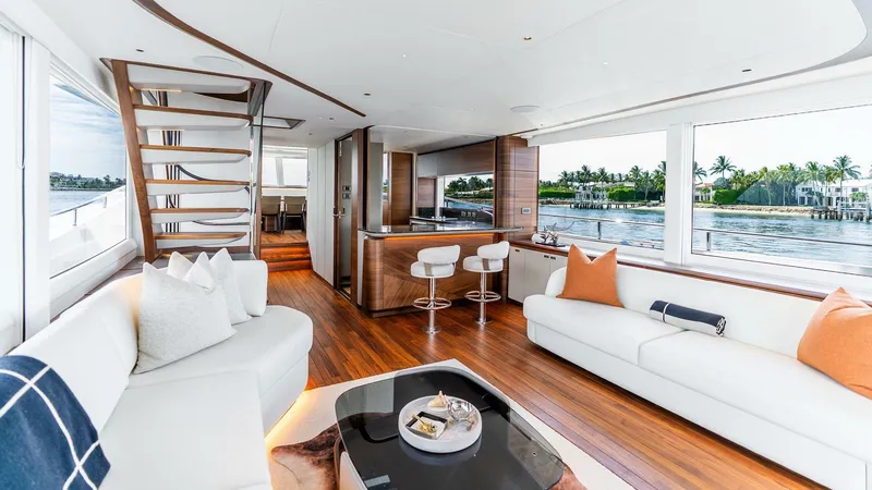 Slide: The Image of Luxurious interior of 2024 Princess X80 yacht with modern furnishings and panoramic windows. - 14