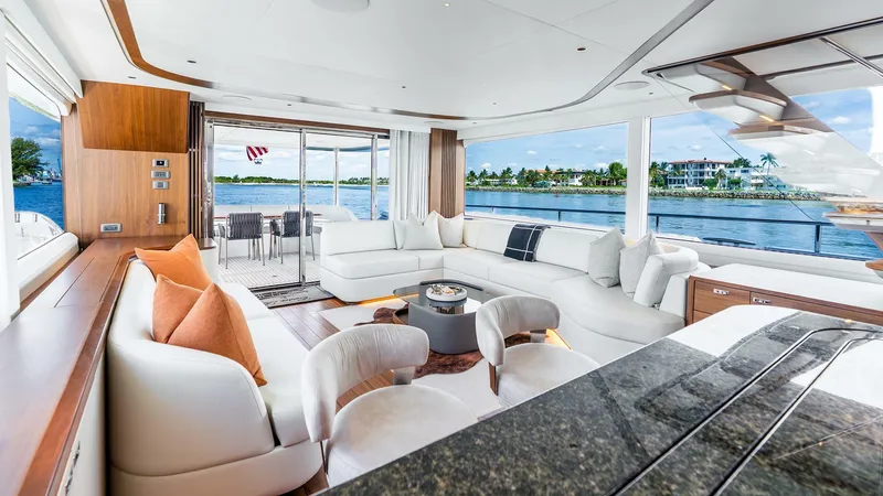 Slide: The Image of Luxurious interior of 2024 Princess X80 yacht with elegant seating and scenic water views. - 17