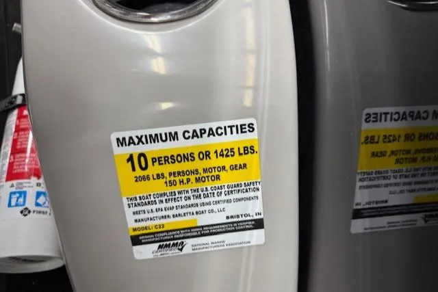 Slide: The Image of 2025 Barletta Cabrio 22QC capacity label: 10 persons or 1425 lbs, 150 HP motor. - 6