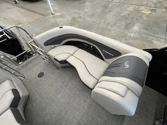 Slide: The Image of 2025 Barletta CORSA 23QC boat interior with sleek gray seating and modern design. - 10