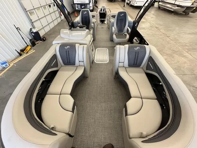 Slide: The Image of 2025 Barletta CORSA 23QC pontoon boat interior with luxurious seating and modern design. - 23