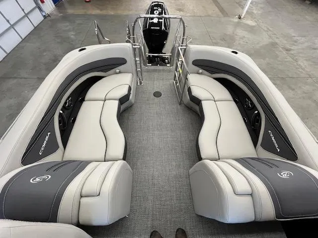 Slide: The Image of 2025 Barletta CORSA 23QC boat interior with gray seating and modern design. - 8