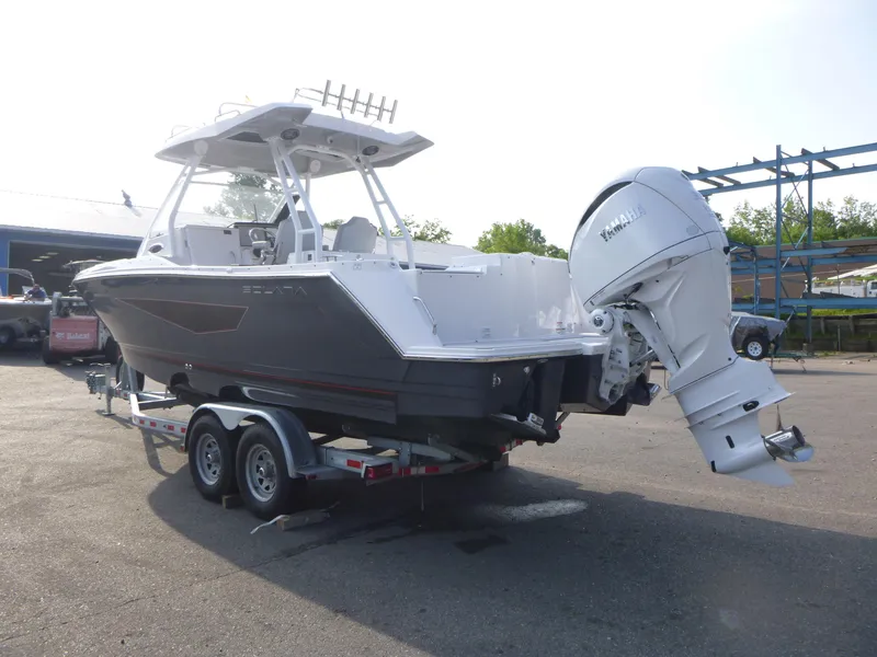 Slide: The Image of 2025 Solara S-250 CW boat on trailer with Yamaha outboard motor. - 3