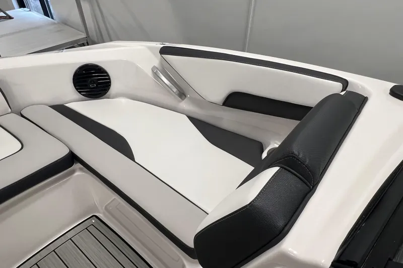 Slide: The Image of 2024 Yamaha Boats 195S interior seating with black and white upholstery. - 15
