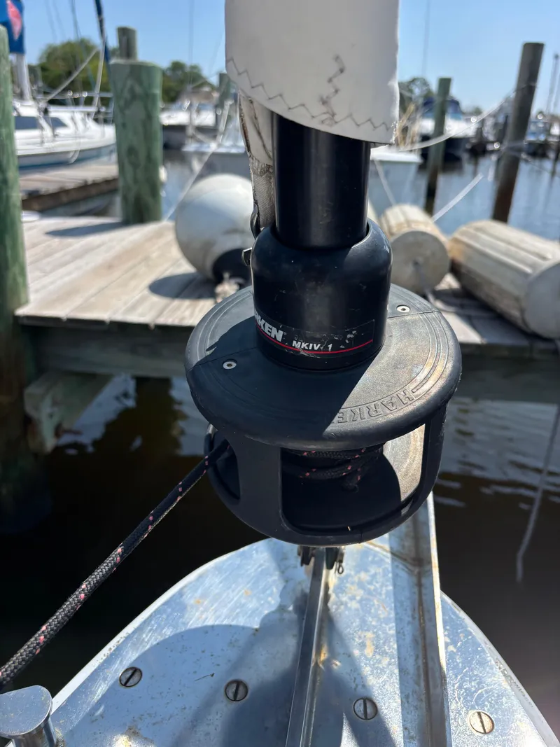 Slide: The Image of Close-up of a sailboat's furling system at a marina, Bristol 33.3, 1988 model. - 6