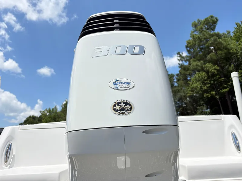 Slide: The Image of 2022 Aquasport 2300 CC boat engine, showcasing 300 horsepower, under a clear blue sky. - 9