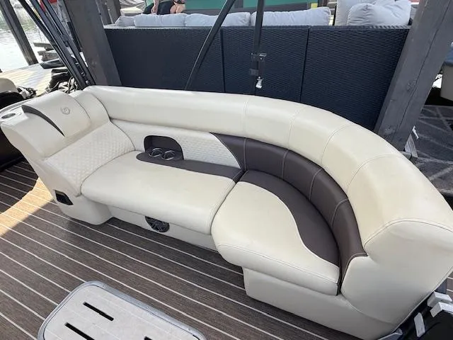 Slide: The Image of 2022 Premier 250 Sunsation boat seating with beige and brown upholstery. - 12