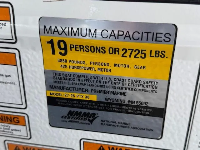 Slide: The Image of Capacity label for 2022 Premier 250 Sunsation, 19 persons or 2725 lbs, 425 horsepower. - 42