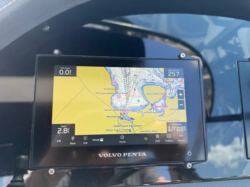 Slide: The Image of Volvo Penta navigation display on 2023 Regal 2800 Bowrider, showing map and GPS data. - 18
