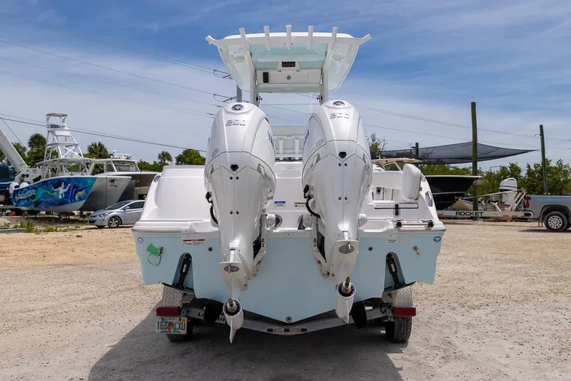 Slide: The Image of 2026 Sea Fox 268 Commander boat with dual outboard engines on a trailer. - 3