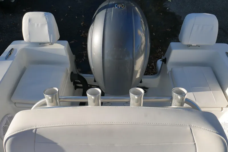 Slide: The Image of KenCraft Challenger 21 boat interior with motor and seating, 2018 model. - 15