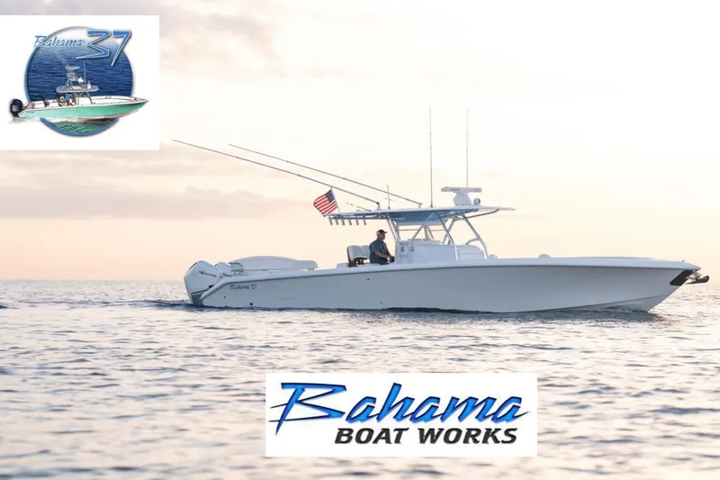 Slide: The Image of 2024 Bahama 37 Super Center Console boat on calm water at sunset. - 20