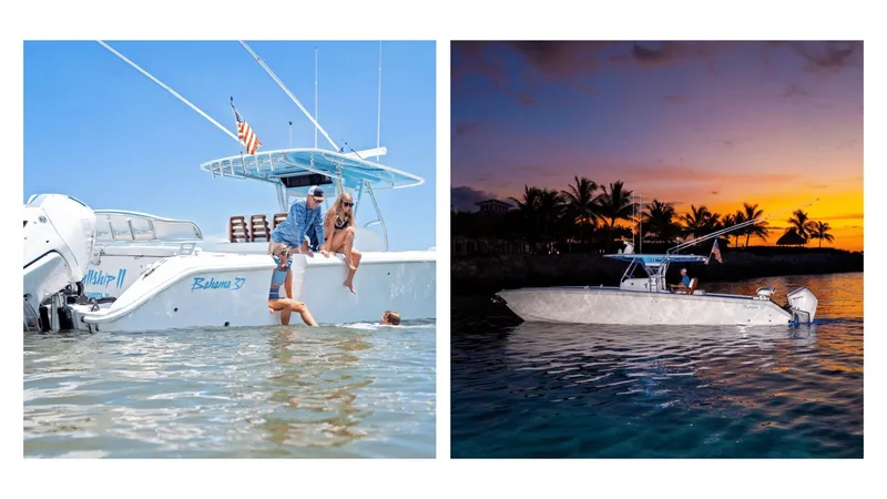 Slide: The Image of 2024 Bahama 37 Super Center Console boat in water, day and sunset views. - 22
