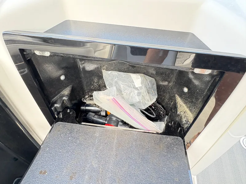 Slide: The Image of Open storage compartment on 2019 Yamaha Boats 242 Limited E-Series, containing miscellaneous items. - 7