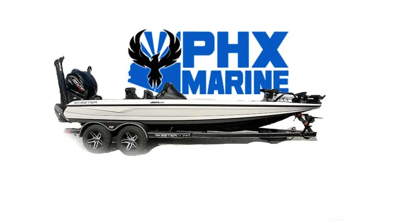Slide: The Image of 2025 Skeeter ZXR20 boat with PHX Marine logo, side view on trailer. - 0