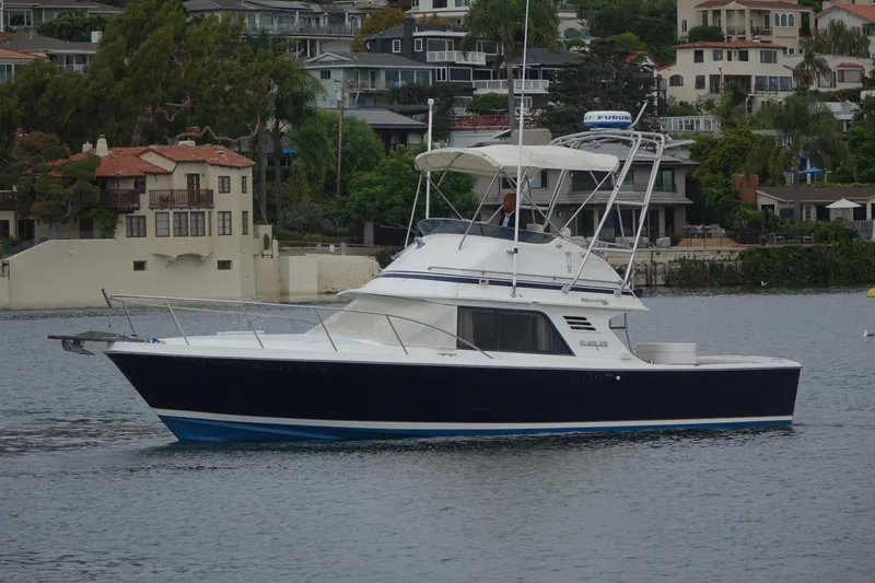 The Image of 1988 Blackfin 29 Flybridge boat on calm water near residential shoreline. - 0