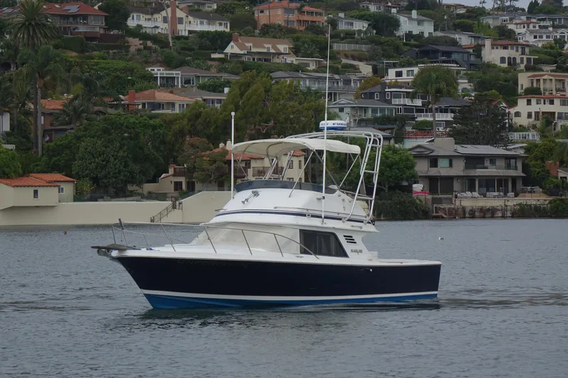 Slide: The Image of 1988 Blackfin 29 Flybridge boat cruising near a scenic coastal neighborhood. - 10