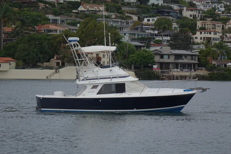 Slide: The Image of 1988 Blackfin 29 Flybridge boat on calm water near residential shoreline. - 12