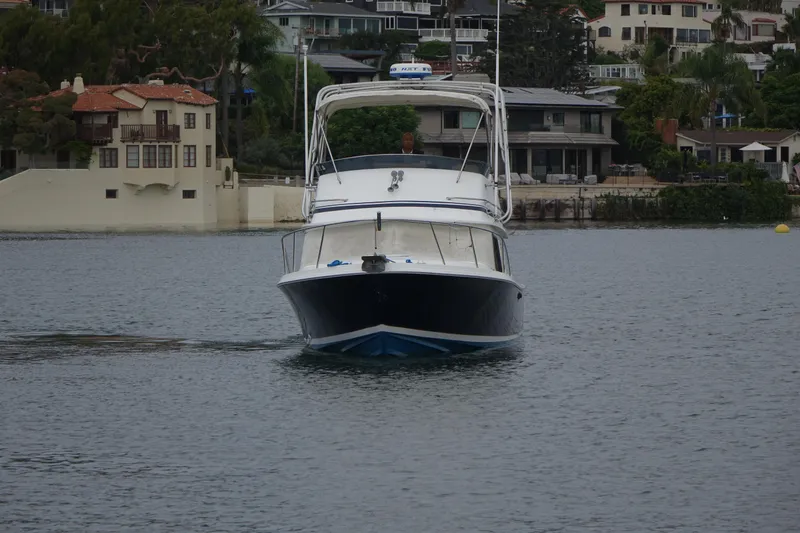 Slide: The Image of 1988 Blackfin 29 Flybridge boat on calm water near residential shoreline. - 8