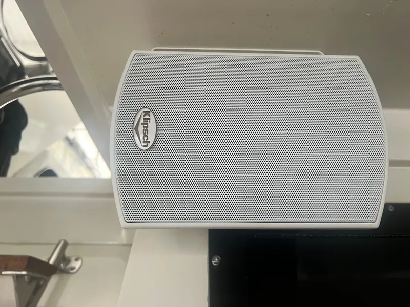 Slide: The Image of White Klipsch speaker mounted on a 1987 Carver 420 Cockpit Motor Yacht interior. - 12