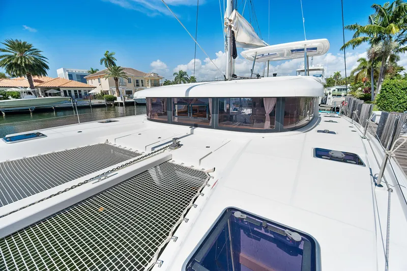 Slide: The Image of Control panel of a 2017 Lagoon 42 catamaran with navigation instruments and gauges. - 50