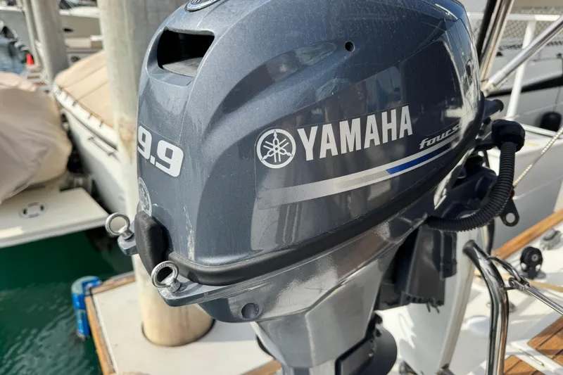 Slide: The Image of Yamaha 9.9 outboard motor on a 2016 Beneteau Oceanis 48 sailboat. - 8