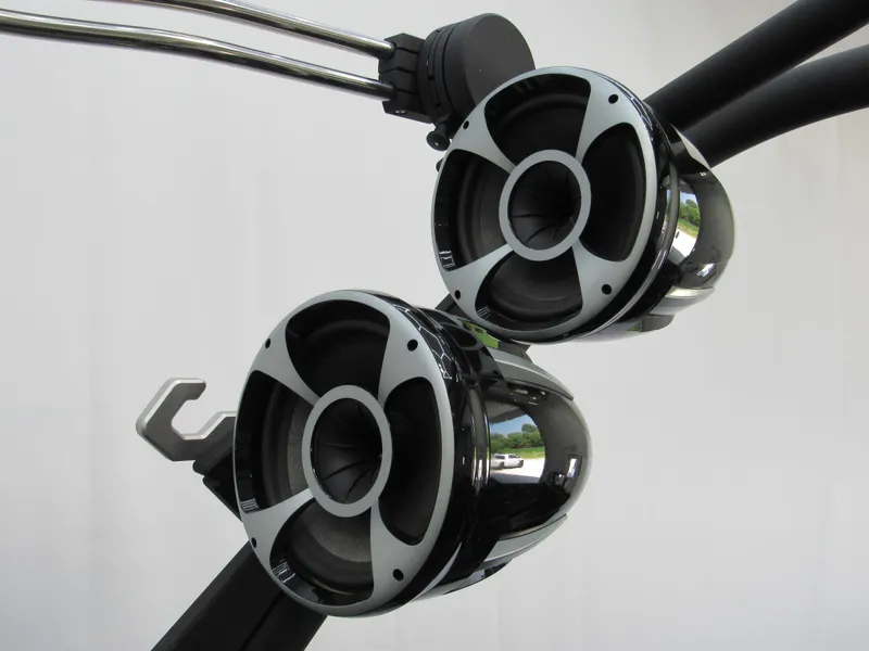 Slide: The Image of 2021 Malibu Wakesetter 23 LSV wakeboard rack, silver and black design, close-up view. - 19