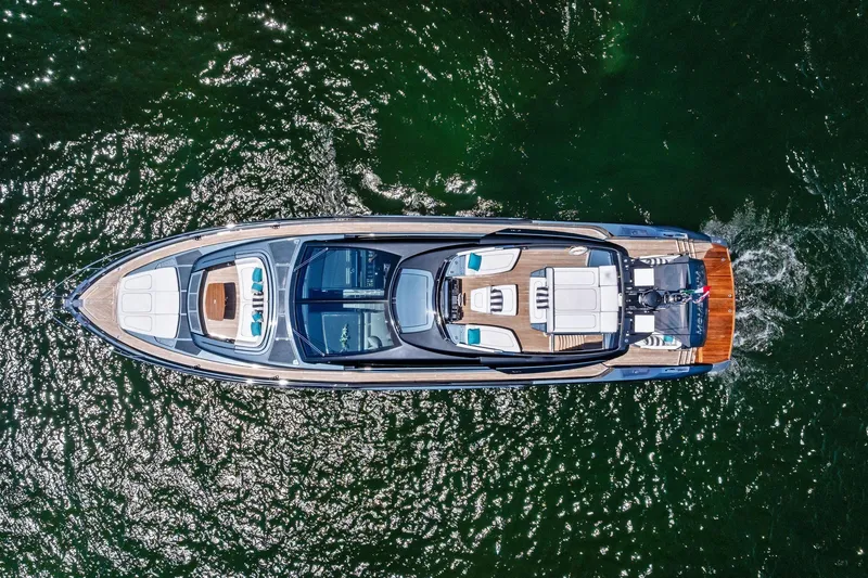 Slide: The Image of Aerial view of 2024 Riva 76 PERSEO Super yacht cruising on water. - 15