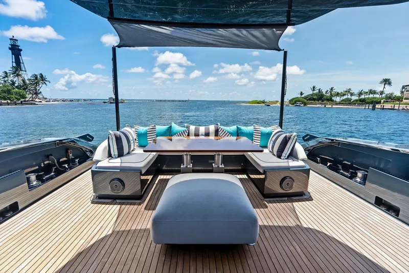 Slide: The Image of Luxurious 2024 Riva 76 PERSEO Super yacht deck with elegant seating and ocean view. - 28