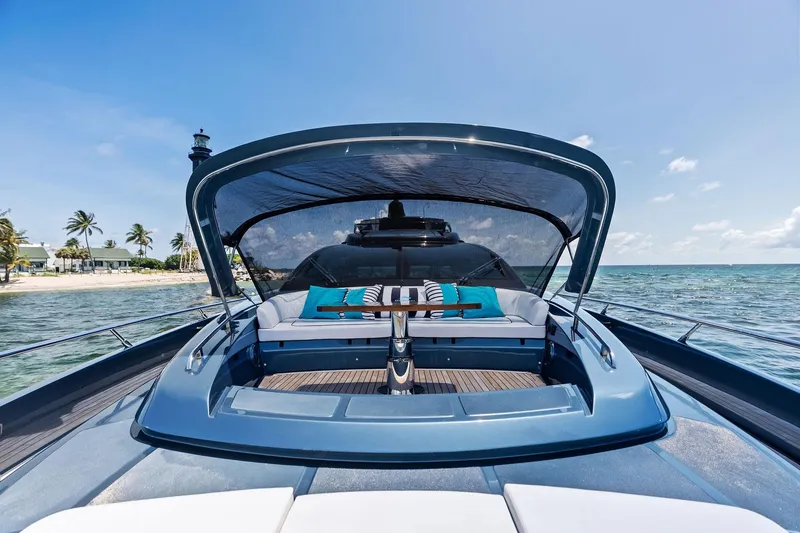 Slide: The Image of 2024 Riva 76 PERSEO Super yacht with luxurious deck seating, ocean view. - 43