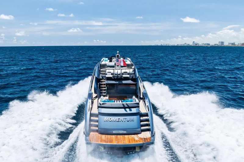 Slide: The Image of 2024 Riva 76 PERSEO Super yacht cruising on open ocean, leaving a wake behind. - 7