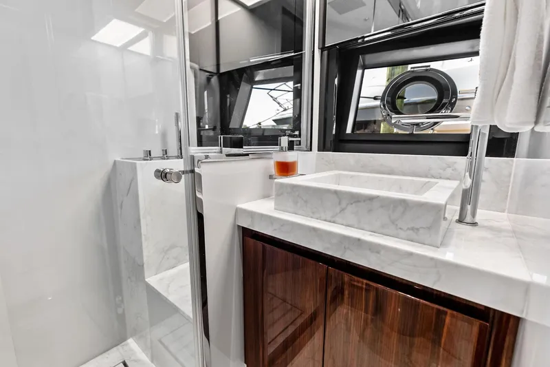 Slide: The Image of Luxurious bathroom in 2024 Riva 76 PERSEO Super yacht with marble sink and modern fixtures. - 85
