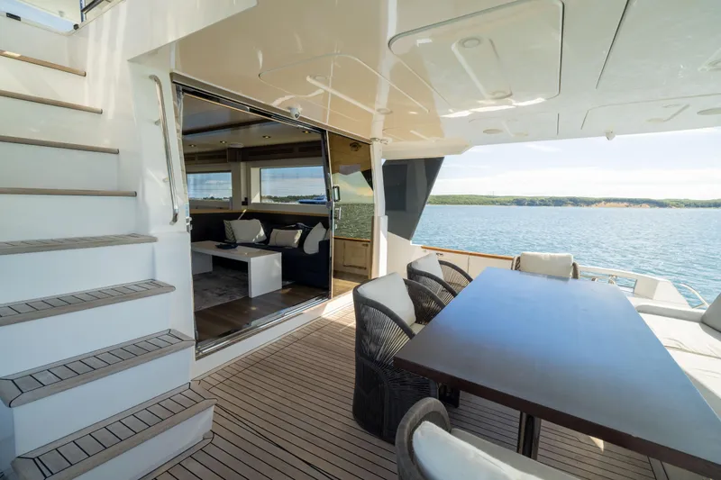 Slide: The Image of Luxurious 2019 Sirena 64 yacht deck with seating, table, and ocean view. - 18