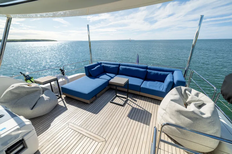 Slide: The Image of Luxurious deck of 2019 Sirena 64 yacht with blue seating and ocean view. - 79