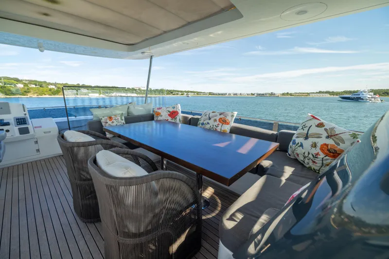 Slide: The Image of Luxurious 2019 Sirena 64 yacht deck with elegant seating and scenic ocean view. - 89