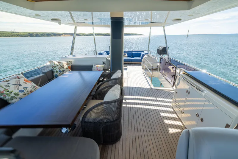 Slide: The Image of Luxurious 2019 Sirena 64 yacht deck with elegant seating and ocean view. - 91