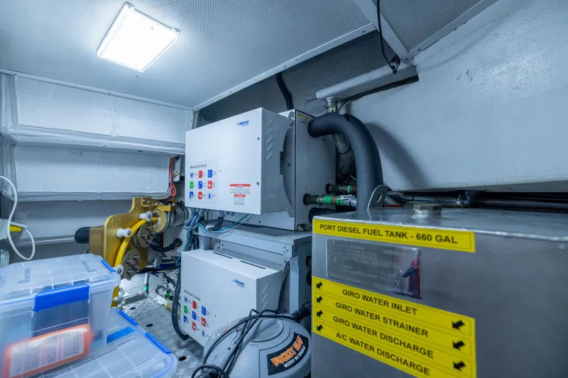 Slide: The Image of Engine room of 2019 Sirena 64 yacht with fuel tank and control systems. - 98