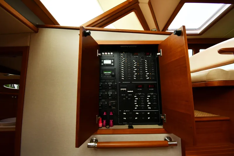 Slide: The Image of Electrical panel inside 2020 Palm Beach Motor Yachts PB52, showcasing control systems and wooden cabinetry. - 36