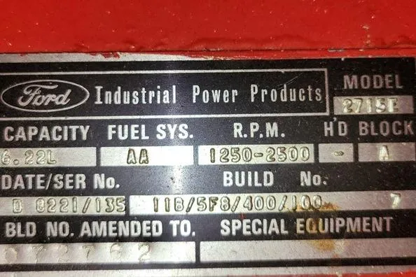 Slide: The Image of Ford Industrial Power Products model 2715E engine label, 6.22L capacity, 1977 CHB 34. - 21